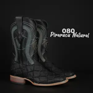 080 Pirarucu Black Natural Sole Jumbo Print Botas Vaqueras de Mexico Western Boots Ranch Square Toe