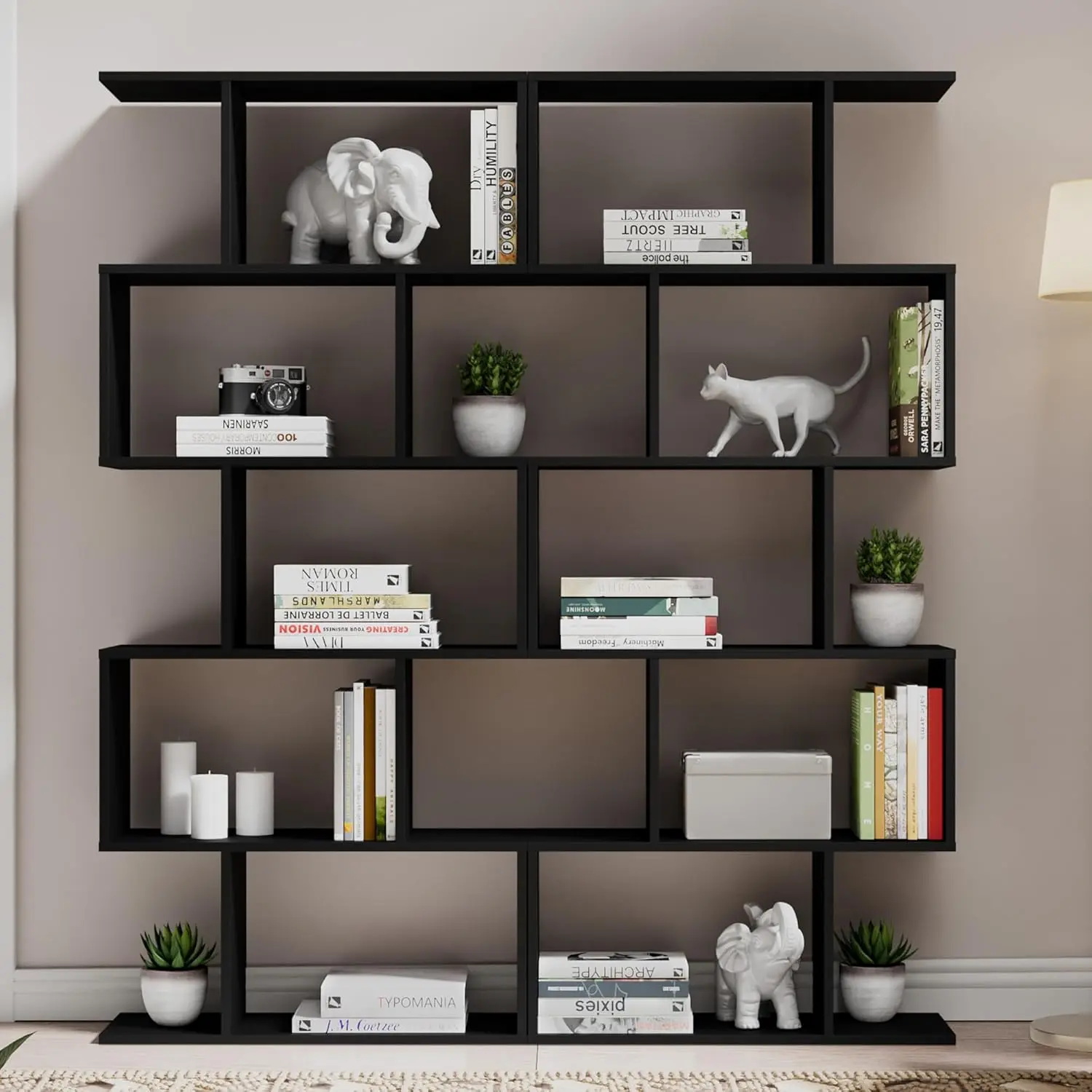 Geometric Bookcase Set of 2 , S-Shaped Modern Bookshelf, Room Divider Bookshelf, 62" Tall Unique Abstract Bookcase with 5-Tier Display Shelf for Living Room Office