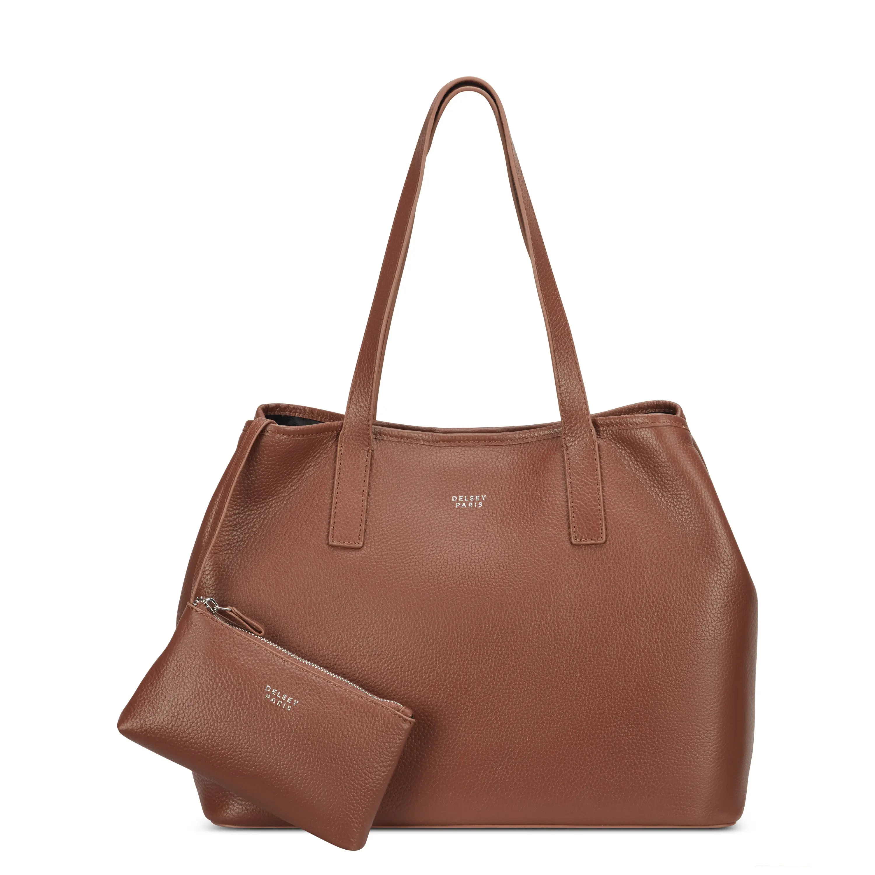 DELSEY Women's Genuine Leather Tote Bag, High-Capacity Casual Commuter Purse with Long Straps, Padded 14-Inch Laptop Compartment and Removable Pouch