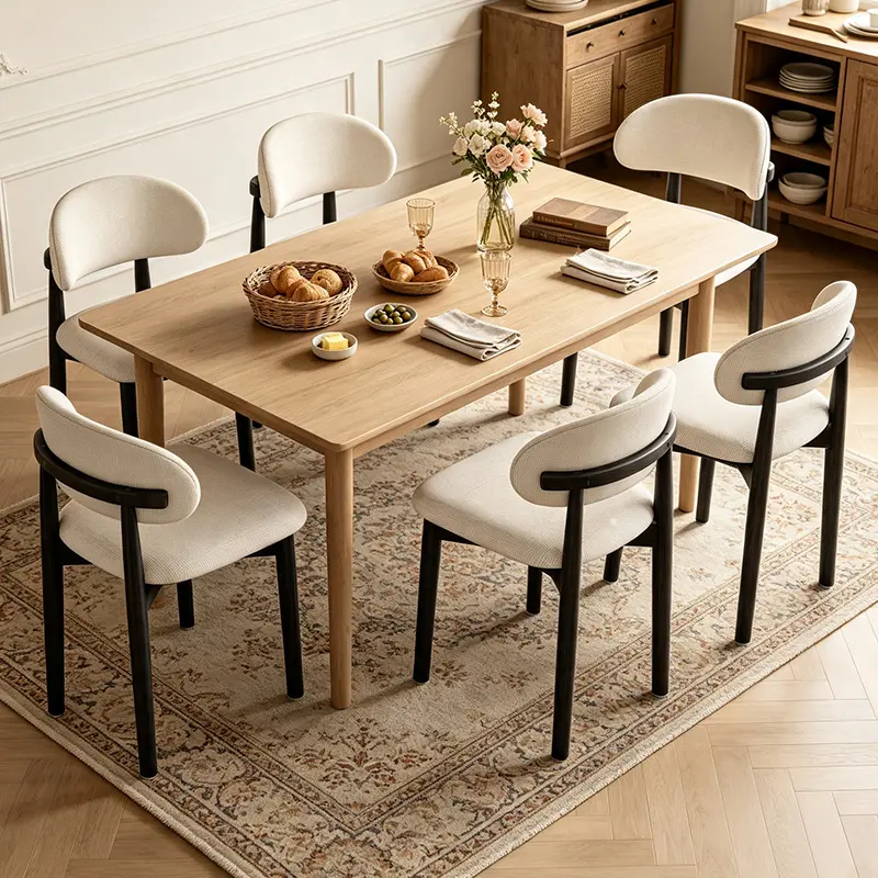 Vintage black dining chair set with horn-effect edging, 2-piece set featuring ergonomic linen cushions; easy to clean and stain-resistant solid wood chairs suitable for family gatherings, small apartments, restaurant seating, and kitchen island use.