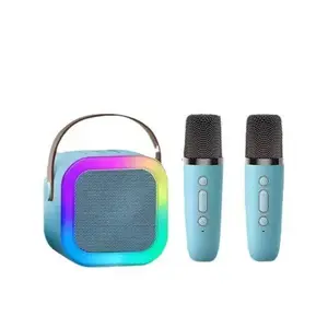 Portable Bluetooth Karaoke Machine with 2 Dual Wireless Microphones LED Nightlight Subwoofer IPX4 Waterproof Natural Sound Compact Design for Halloween Birthday Gifts Great Song Audio RAMADAN Decoration USB Speaker Blue