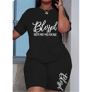 Fashion Letter Matching Two Piece, Casual Short Sleeve T Shirt and Biker Shorts Set, Plus Size Women's Soft Crewneck Fabrics Shortsleeve Clothes Womenswear Fitted Suits