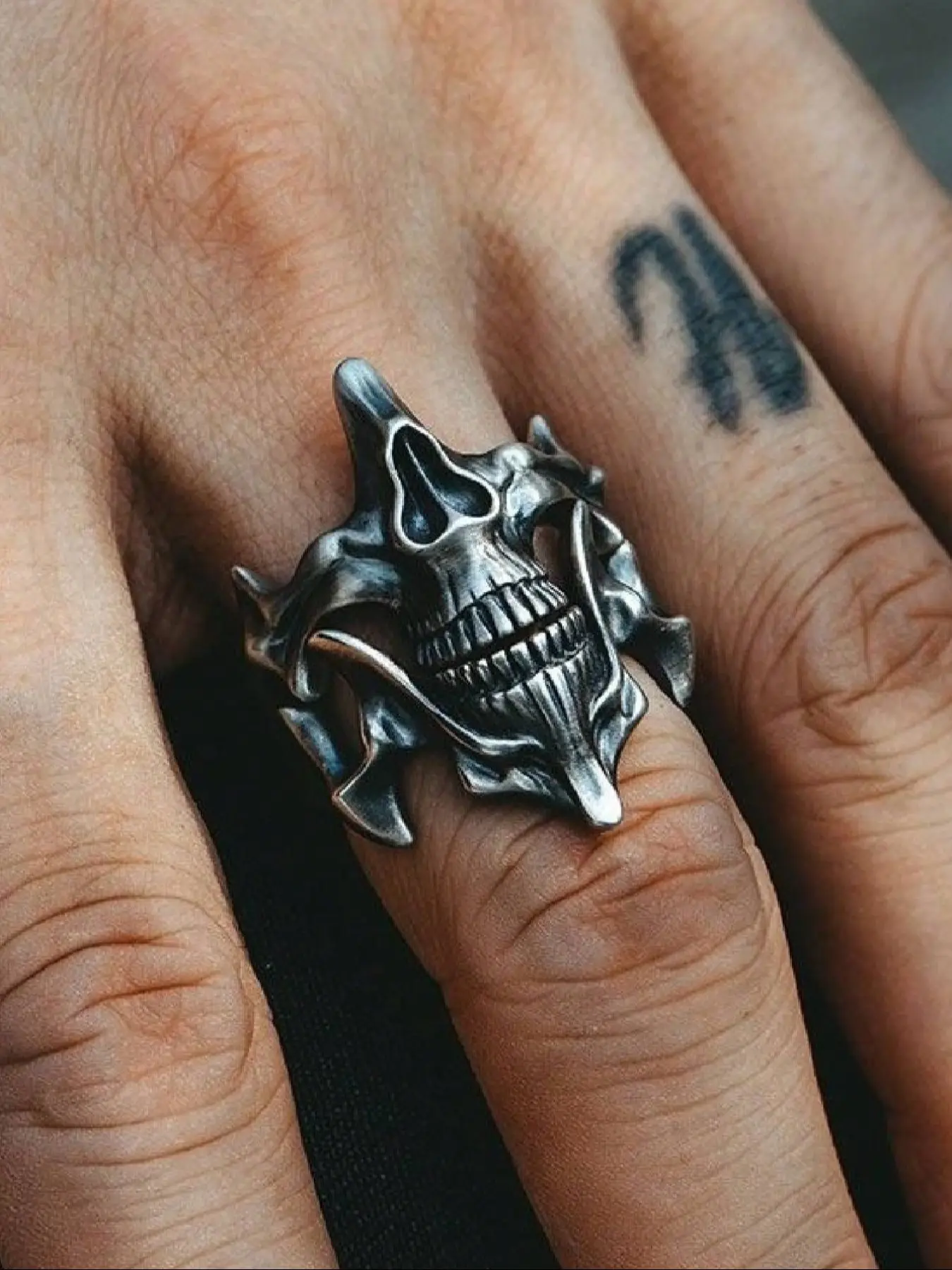 Punk Style Adjustable Skull Face Ring Set, Vintage Halloween Gift Jewelry, Unisex Fashion Accessory