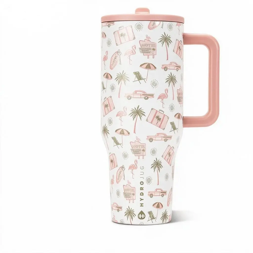 hydrojug 40oz Cute Summer Tumbler | Tropical Flamingo Aesthetic Insulated Stainless Steel Water Bottle with Straw & Handle, Leakproof Travel Cup for Women, Gym & Everyday Hydration