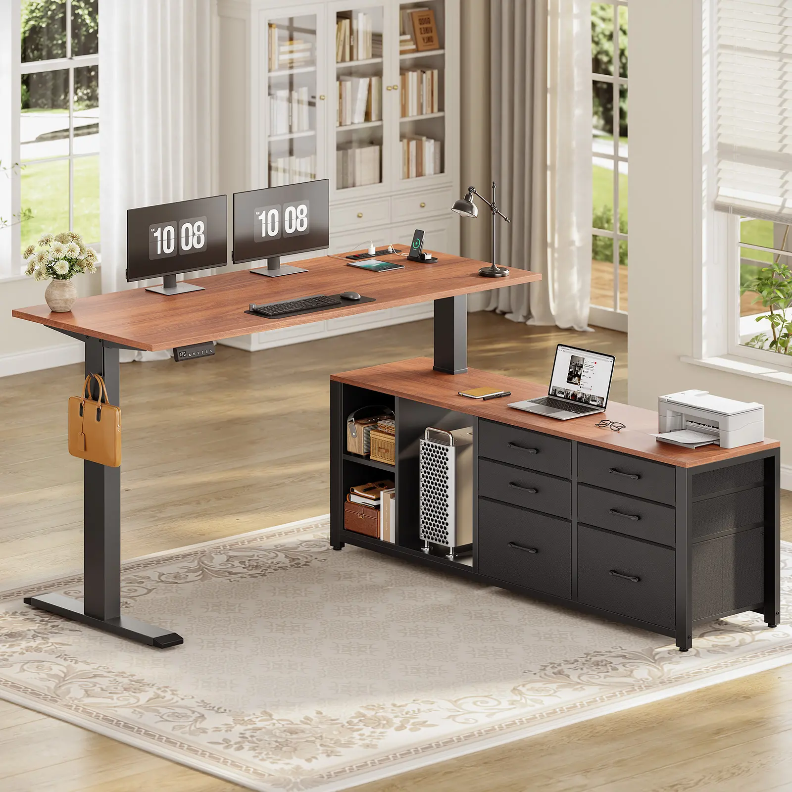 Sedeta 55.1-Inch L-Shaped Electric Height-Adjustable Wood Top Sit-Stand Desk - Fabric Exterior, 6 Drawers, Storage Shelves, Power Outlet, Minimalist Modern Dual-Monitor Office Executive Furniture, Fabric Exterior Desks, L-Shaped Modular Desks