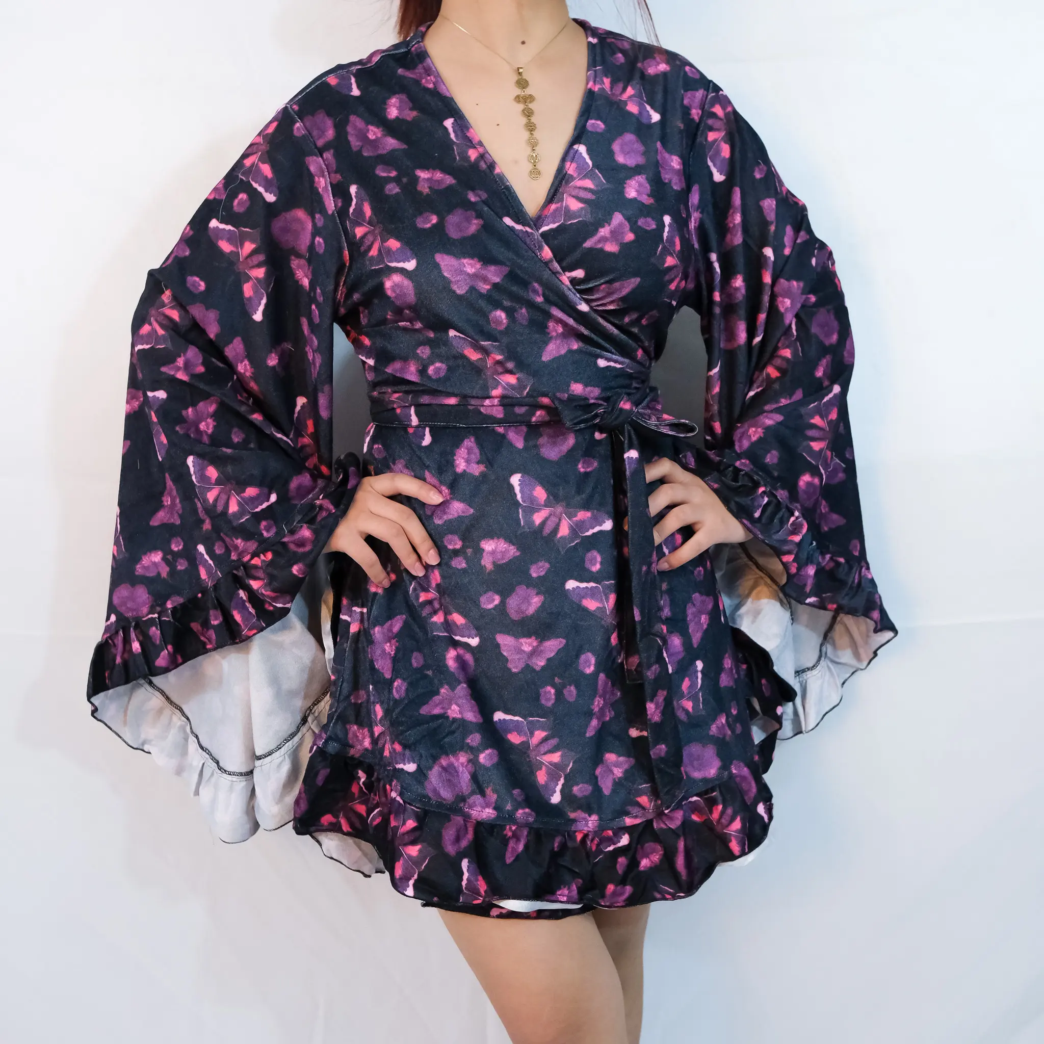 Boho Butterfly Wrap Dress, Ruffle Sleeve Fairy Outfit, Festival Fashion, Witchy Vibes, Long Sleeve Frill Summer Dress, Retro Style, Mini Dress