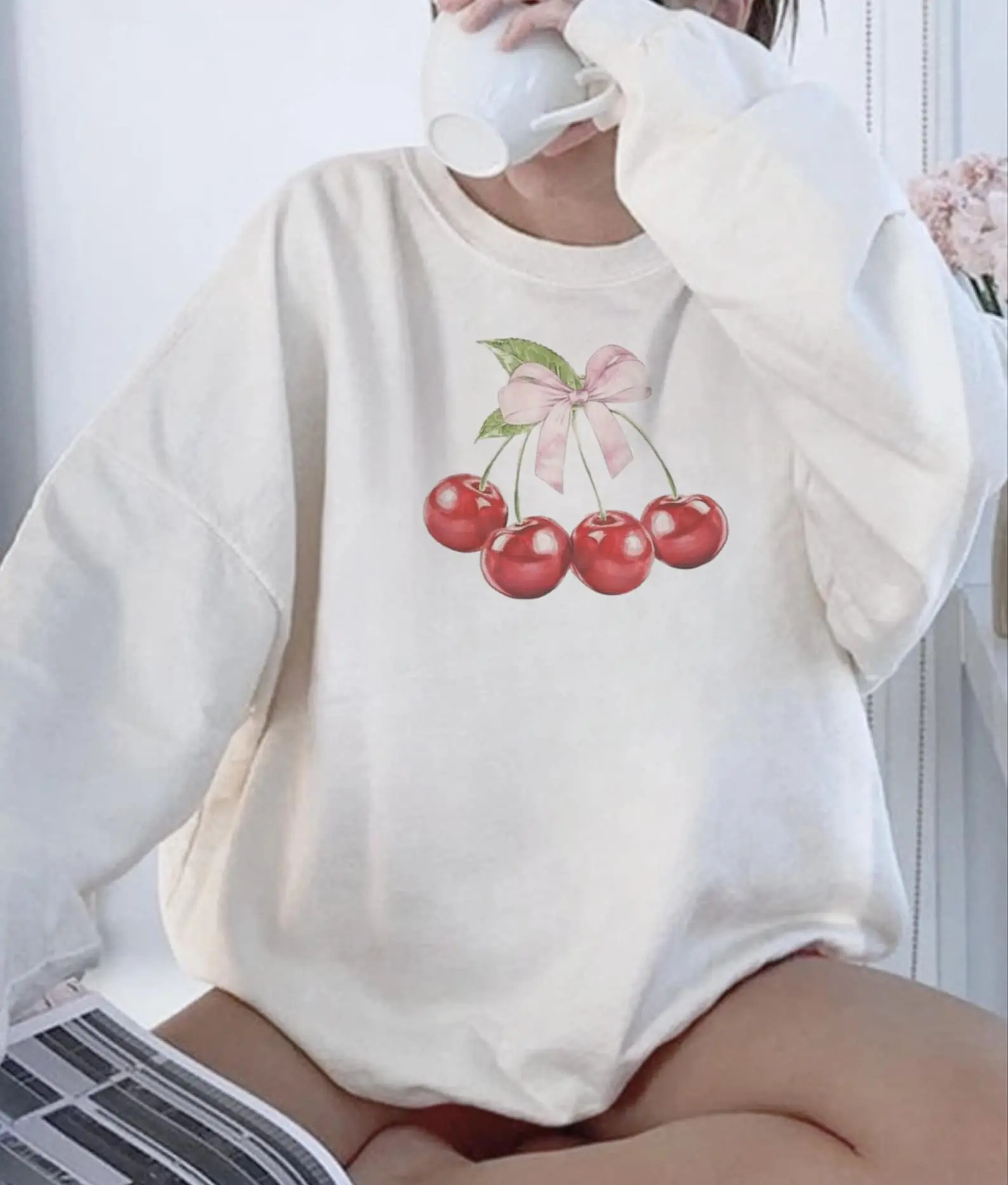 Cherry Sweatshirt, Cherry Ribbon Sweatshirt, Trendy Ribbon Crewneck Sweatshirt, Cottagecore Sweatshirt, Cherry Valentine Sweatshirt