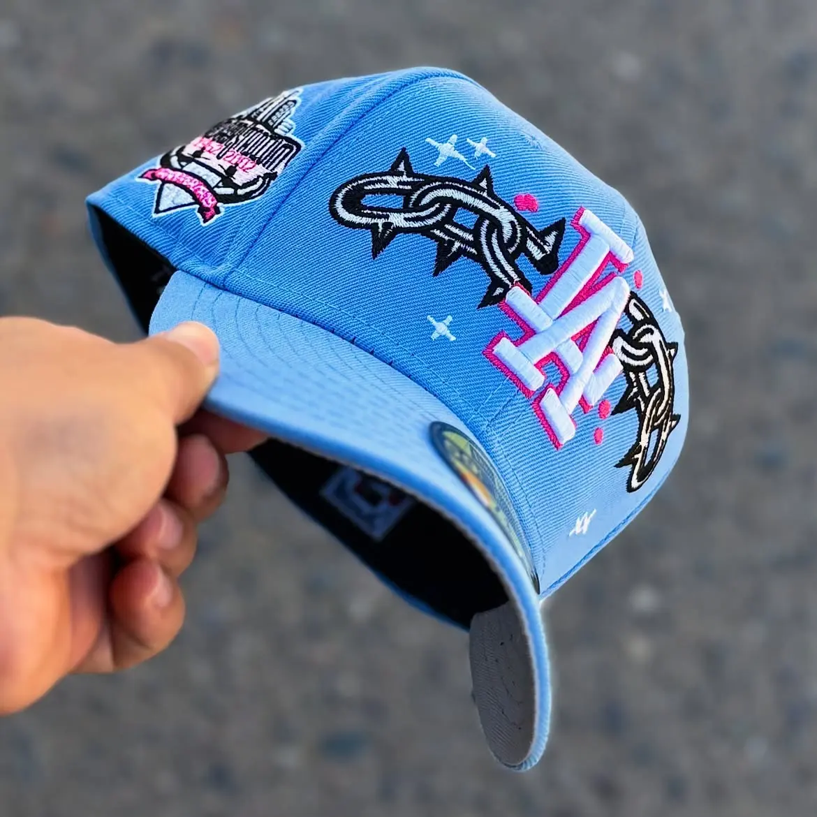 New Era Los Angeles Dodgers 9FORTY Adjustable Hat Sky Blue Pink MLB Baseball Cap LA Graffiti Crown of Thorns Embroidered Logo Curved Brim Strapback Streetwear Limited Edition Unisex Team Cap