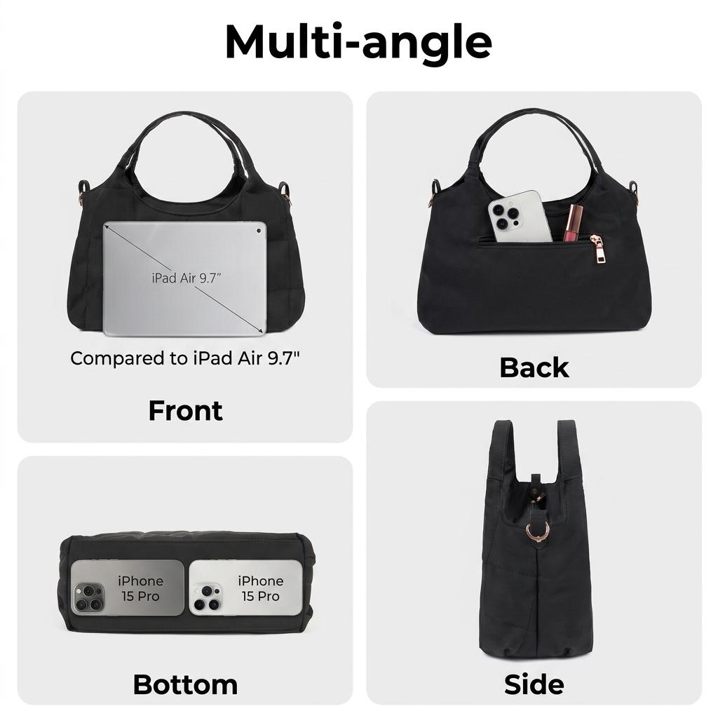 Women’s Five-Season Home Puffer Tote Bag, multi-compartment shoulder bag with zippered pockets, lightweight everyday handbag with adjustable strap