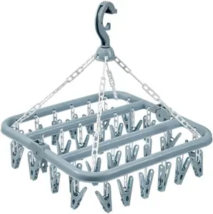 32-Clip Compact Lightweight Foldable Plastic Laundry Hanger - Light Blue Wall-Mount Hanging Organizer with Racks, Space-Saving Laundry Hooks Clips for Socks, Baby Clothes