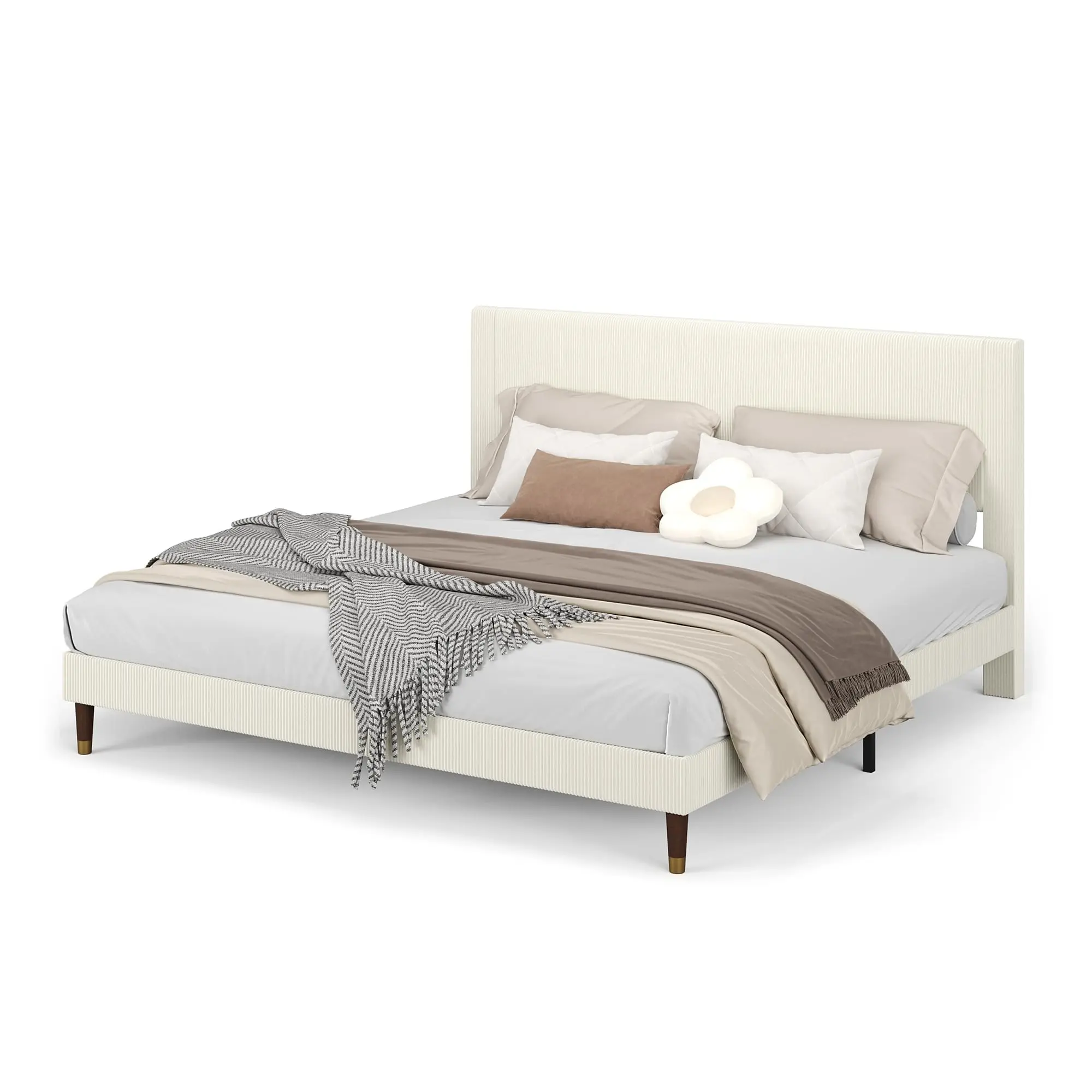 Garvee Corduroy Upholstered Platform Bed Frames with Headboards, Featuring Wooden and Metal Slat Support, Noise-Free Design, No Box Spring Needed, Easy Assembly, Available in Multiple Sizes and Colors