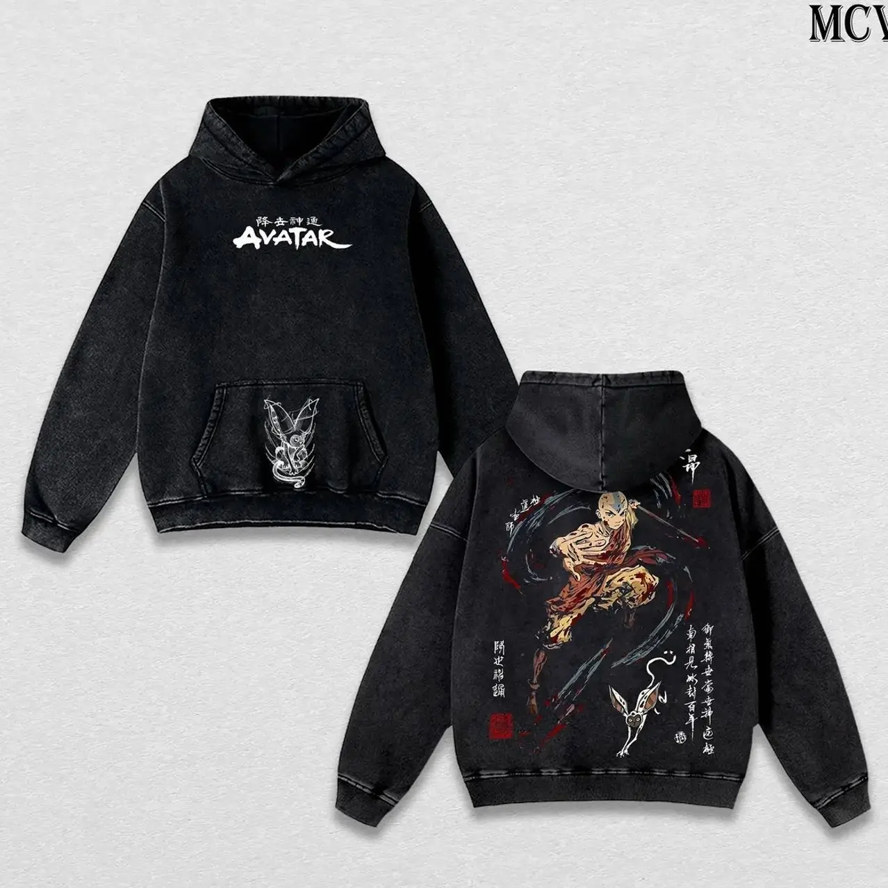 Aang Hoodie Washed – Avatar: The Last Airbender Vintage Washed Heavy Cotton Oversized Hoodie, The Last Air Nomad Anime Manga Double Printed Unisex Streetwear Top, Hoodie & Tee / T-Shirt Option O42