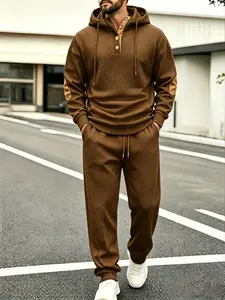2-piece jacquard texture casual set, men's loose half button hooded long sleeved top, sports cropped pants, comfortable and soft, suitable for outdoor sports, running, outdoor travel, and outdoor training wear fathersdaygift