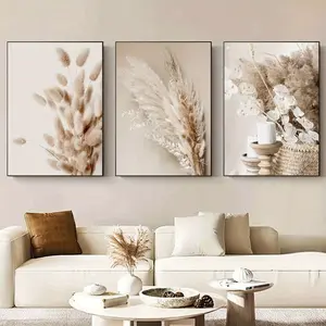 Bohemian Style 3-Piece Set Frameless Canvas Wall Art - Modern Art Deco Botanical Prints, Pampas Grass & Reed Leaves Minimalist Decor, Indoor Poster for Living Room, Bedroom, Dining, Home Office