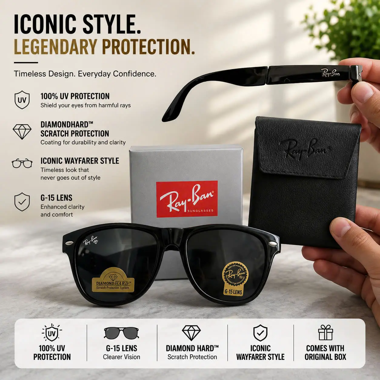 RayBan Polarized Outdoor Shades Black Square Eyewear UV Protection Sunglasses for Casual Daily Wear