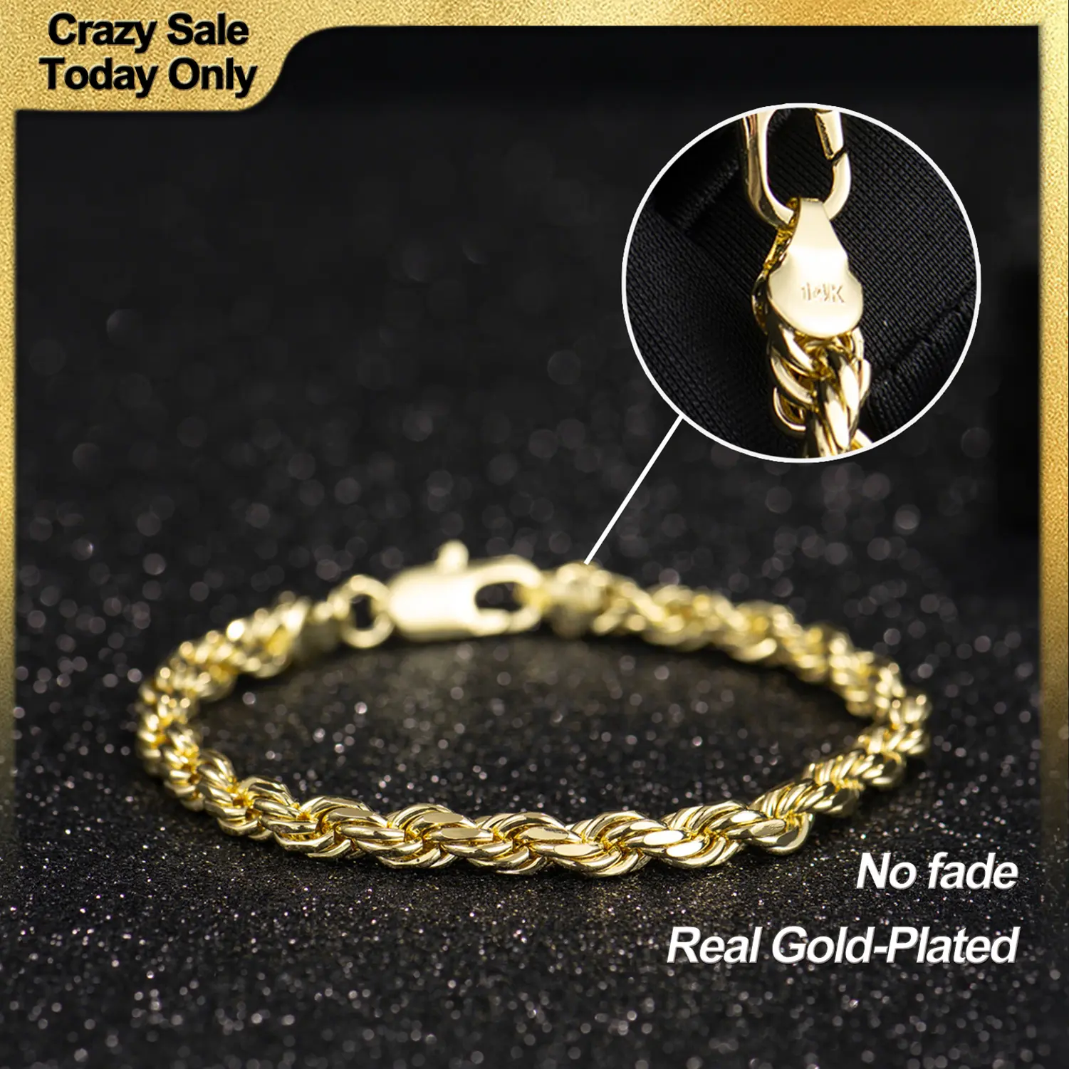 Holylegend 14K Real Gold-Plated Rope Chain Bracelet, 14K Gold Plated Diamond Cut Rope, Hip Hop Jewelry, Classic Rope Link Bracelet, Gift Ready,Father's Day Gift