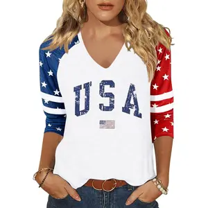 Women's Patriotic 3/4 Sleeve Shirt, USA Letter American Flag V Neck Top, Loose Fit Casual Tunic Blouse, Fourth of July Independence Day Tee, Summer Dressy Casual Top for Vacation, Family BBQ, Parade and Daily Wear，S-5XL