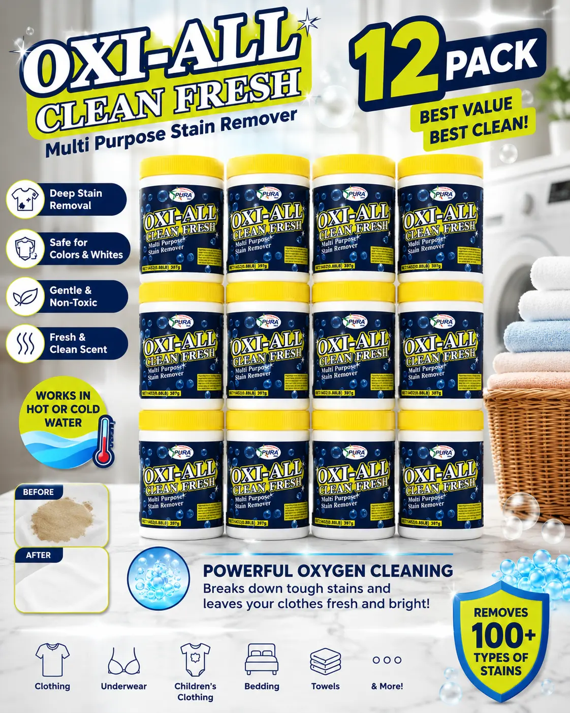 12 Pack PURA OXI-ALL Multi Purpose Stain Remover Powder Oxygen Bleach Cleaner For Clothes Underwear Baby Garments Tough Stain Cleaning Household Laundry Supply