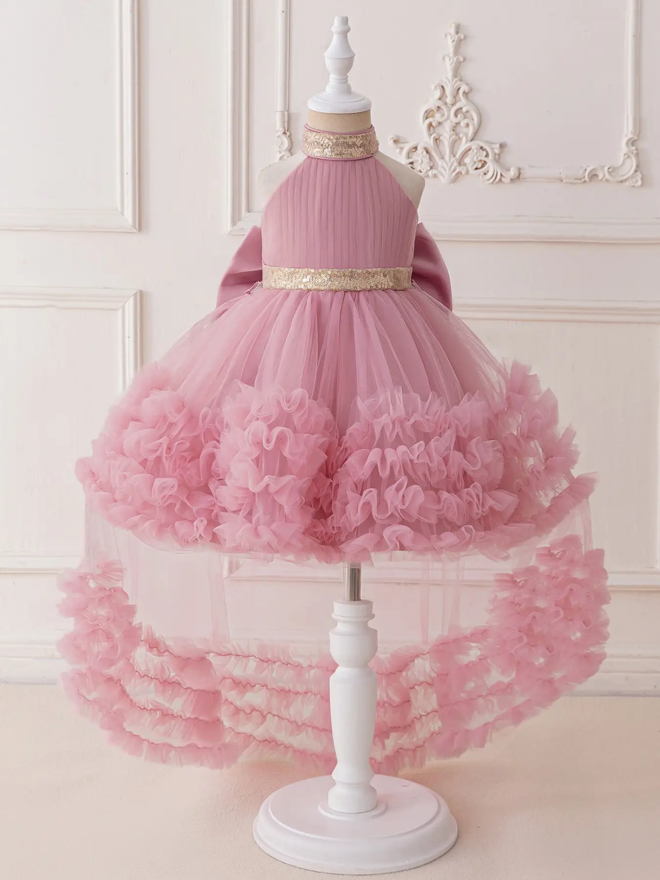 Sequin Pink Baby Girl Clothes Big Bow Infant Christening Cocktail Toddler Baptism Pageant Birthday Party Ball Gown Princess Trailing Dress for all Sea