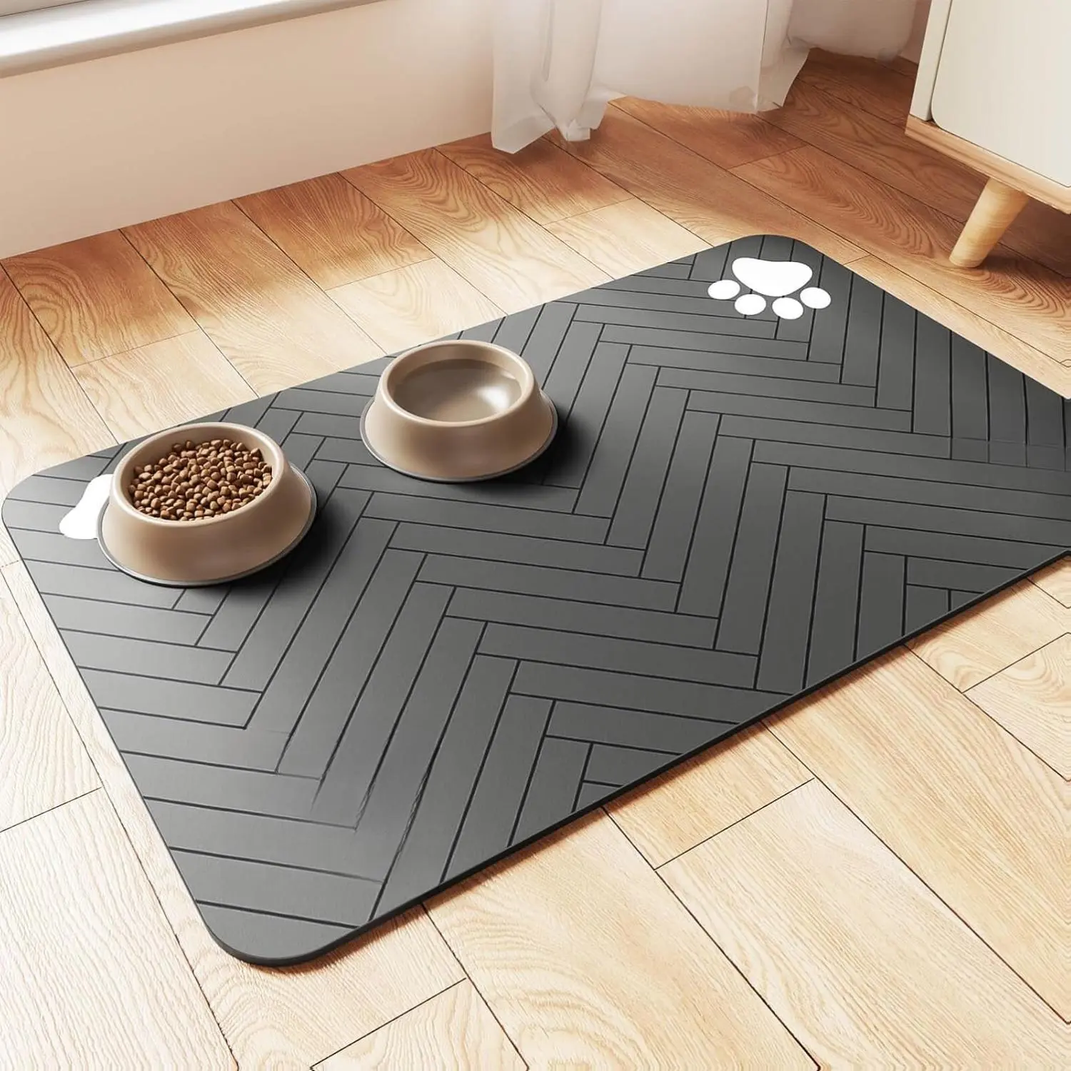 Bowl Feeding Mat for Dogs and Cats, Anti-Slip Waterproof Rubber Backing Absorbent Quick-Dry Pet Placemat for Food & Water Bowls (12"x20", Striped Dark Gray), Bowl Feeding Mats, Anti-Slip Feeding Mats