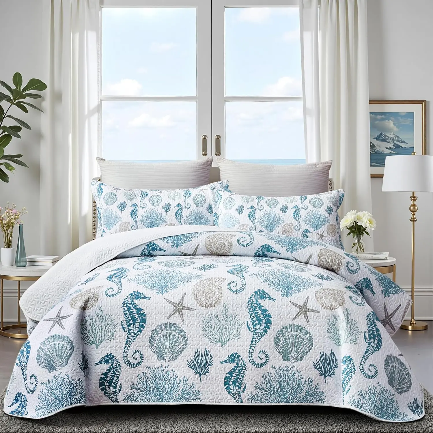 Coastal Bedding  Size Coastal Quilt with 2 Shams, Nautical Beach Comforter Sets  Bedspreads Blue Seahorse Coverlet Summer Bedding, 96''x106''
