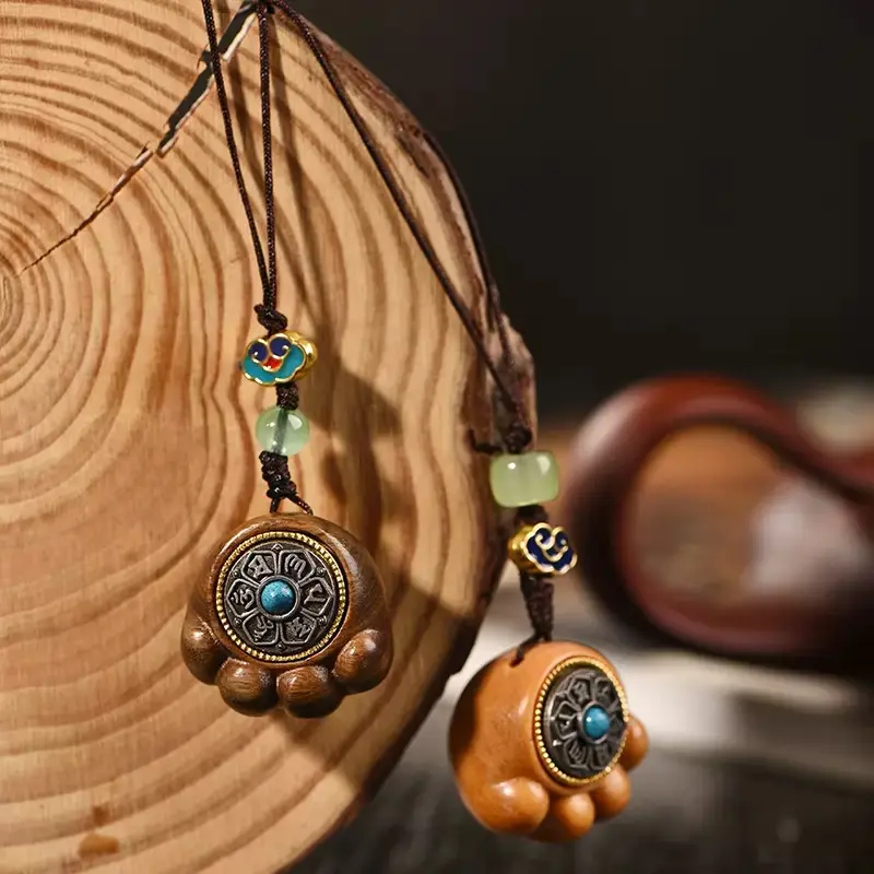 Green Sandalwood Rotatable Cat-Paw Fidget Keychain Hand-Held Stress-Relief Ornament Phone Charm Wenwan Wooden Pendant Creative Gift