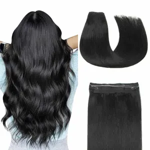 4 Clips Fish Line Wire Hair Extensions Invisible Clip in Human Hair Weft Machine -Remy Hairpiece Real Natural Hair 12-20Inch