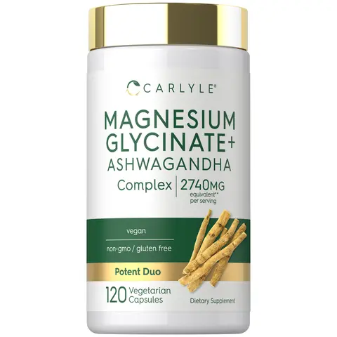 Carlyle Magnesium Glycinate with Ashwagandha - 2,740mg Complex - 120 Vegetarian Capsules - Potent Duo - Non-GMO and Gluten Free Supplement