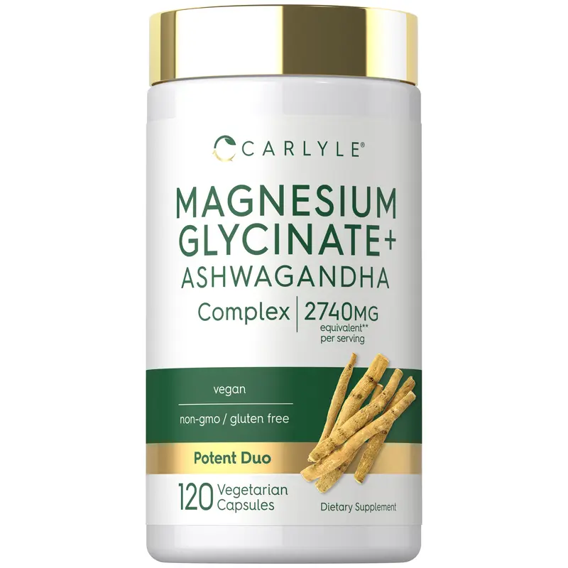 Carlyle Magnesium Glycinate with Ashwagandha - 2,740mg Complex - 120 Vegetarian Capsules - Potent Duo - Non-GMO and Gluten Free Supplement