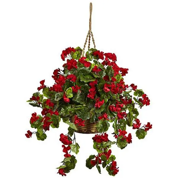 Nearly Natural Red Geranium Hanging Basket UV-Resistant Indoor/Outdoor Nearly Natural Red Geranium Hanging Basket UV-Resistant Indoor/Outdoor