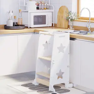 3-in-1 Kids Learning Tower Wooden Toddler Helper Tower Convertible Table Chair Set Star Cutout Design Chalkboard Activity Station Anti-Tipping Stable Step Stool for Kitchen Nursery Playroom