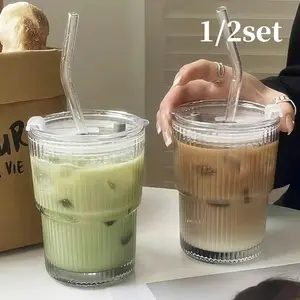 1/2 Counts Reusable Aesthetic Clear Transparent Glass Tumbler Set with Straw & Lid, Dishwasher Safe Portable Iced Coffee Smoothie Cup for Home Kitchen Office Travel, Summer Essential Drinkware, Perfect Birthday Holiday Gift for Friends & Family