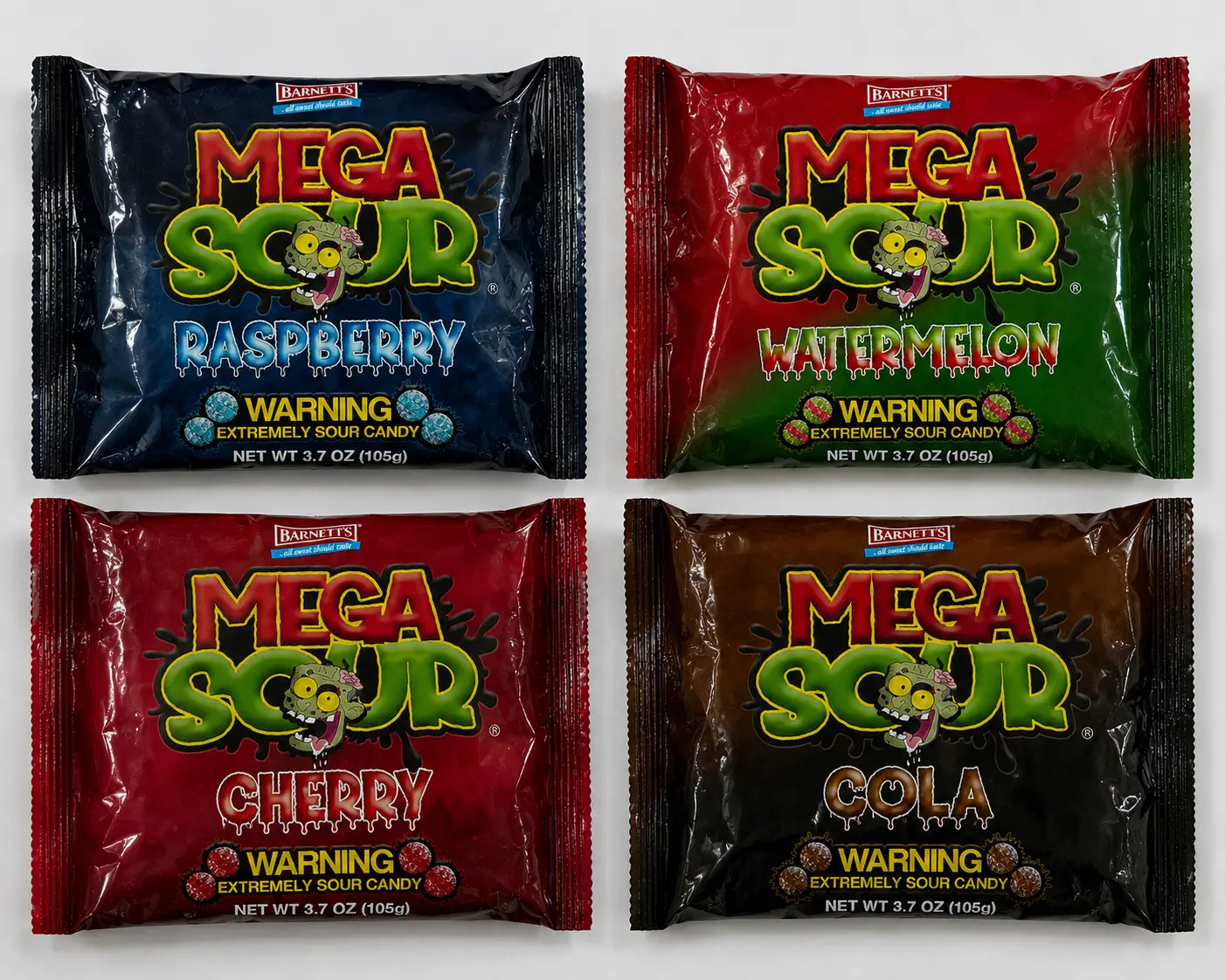 Barnett's Mega Sour Balls 3.7oz Bags - Raspberry, Watermelon, Cola, Cherry Flavours - UK's Sourest Traditional Soda-Flavoured Sweet Snack Food - Imported Candy