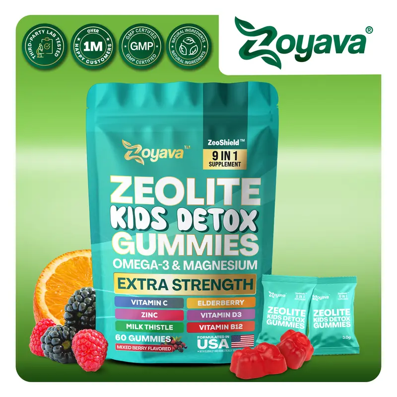 Zeolite Kids Detox Gummies (Mixed Berry Flavor) - Zoyava 9-in-1 Kid Supplement for Brain, Immune, Vitamin, and Overall Healthcare - 60 Edible Gummies - Made in USA - (For Ages 3+)