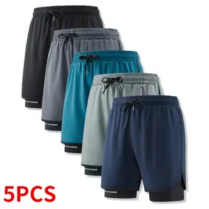Men's 5-pack solid color athletic shorts made from high-stretch knit fabric comprising 95% polyamide and 5% spandex. Slim fit with drawstring waist. Built-in pockets. Minimalist style ideal for sweaty workouts.