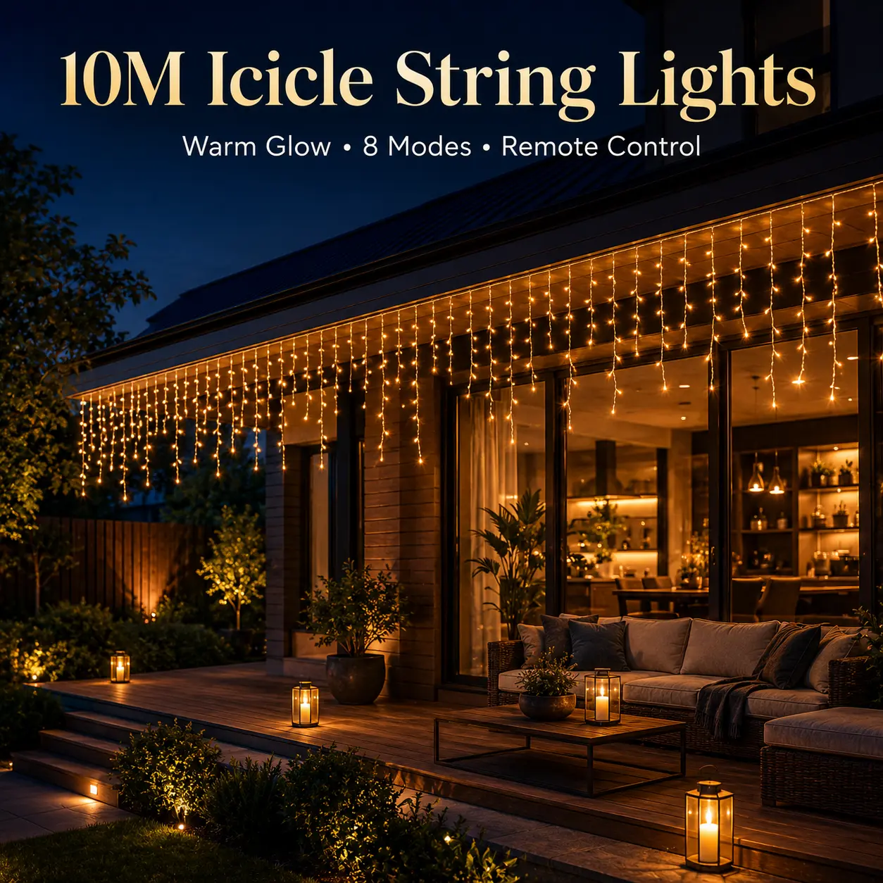 10M Outdoor LED Icicle Lights, Warm Plug-in Hanging String Lights with Remote Control, 8 Lighting Modes for Patio, Christmas, Party Decor