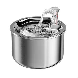 NPET 2L/0.53GAL Stainless Steel Pet Water Fountain Automatic Cat Water Dispenser With Red Water Buoy Suitable Cats Dogs And Multiple Pets USB Charging