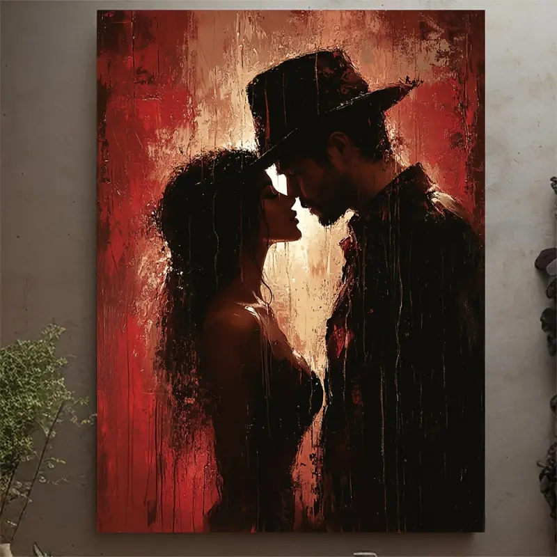 1 Piece Romantic Kissing Couple Canvas Wall Art - Valentine's Day Gift, Modern Love Design with Wooden Frame, Vibrant Red and Brown Tones, Ready-to-Hang Home Decor, Anniversary Gift, Textured Piece, High-Quality Print, Framed Painting, Couple Gift, 2D Fla