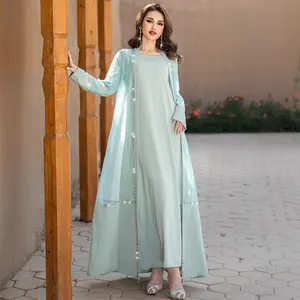 2025 New Style Cherry Blossom Pink Two-Piece Cardigan Dress  Women's Islamic Clothing for Daily Wear, Abayas for Wome