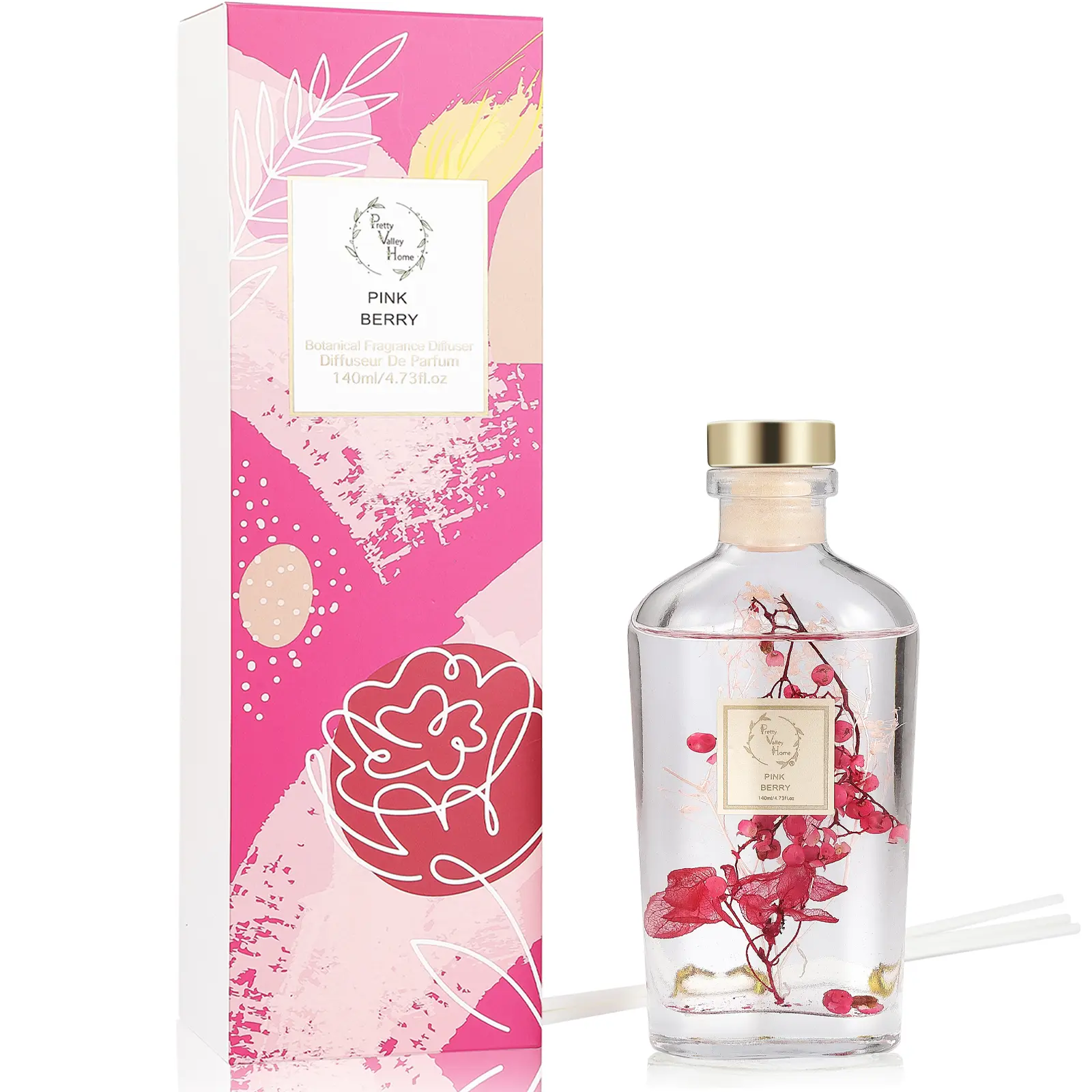 Pretty Valley Home-Reed Diffuser Set, Diffuser 140Ml / 4.73 fl OZ Gift Box - Includes Reed Diffuser Sticks, Long Lasting Fragrance Oil and Glass Bottle for Office Living Room Decor (Pink Berry)