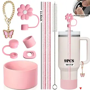 9pcs Accessories for 40oz Tumbler Cup, 3pcs Spill Proof Stopper, 1pc Straw Cover Cap, 1pc Boot, 1pc Charm Chain, 2pcs Straw, 1pc Brush, Drink Protectors