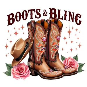 Boots and Bling Direct To Film Print DTF Print Cowboy Hat Roses Western Theme Ready To Press T-Shirt Design