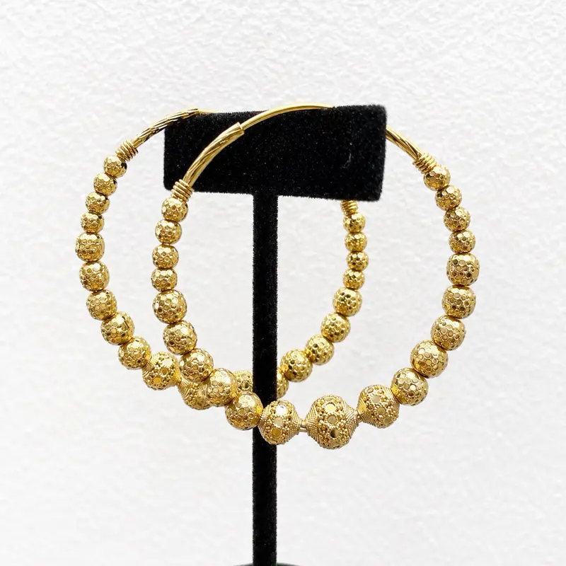 Female Gold Plated Circular Shape Hoop Earrings - Indian Balinese Flair, Beaded Detail, Bling Style Casual Costume Jewelry, Ideal for Daily & Anniversary Gifts, Elegant Fashion Traditional-Modern Mix Accessory, Traditional Mix, Beads & Modern Touch