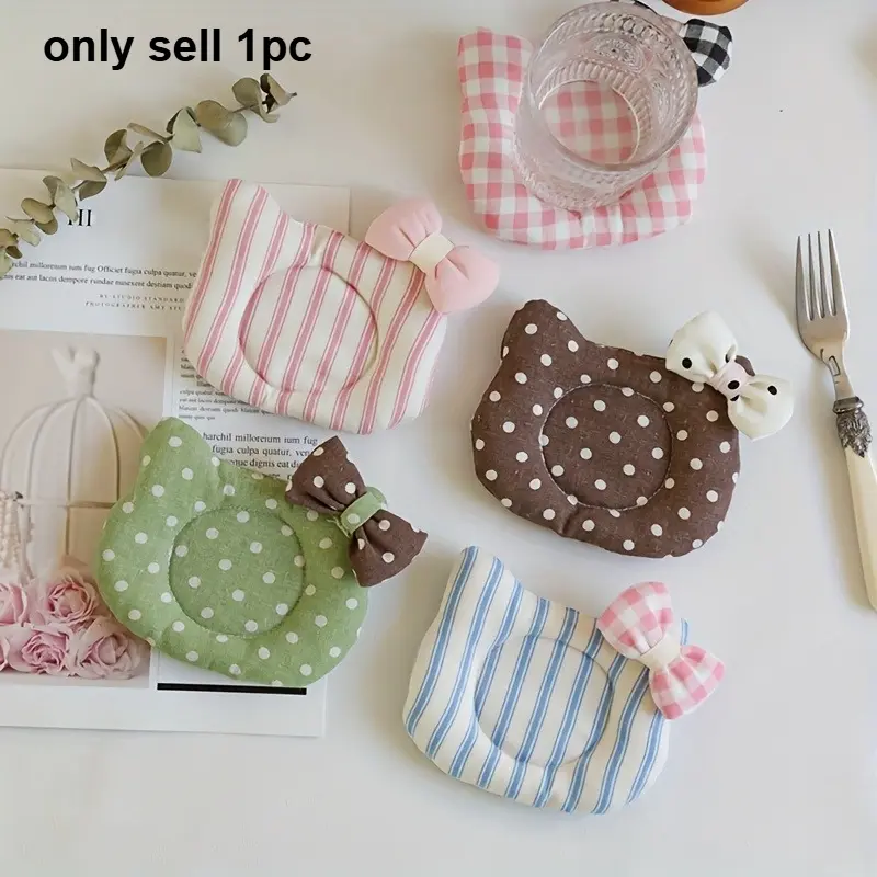 1pc Bow Cat Face Coaster, Cute Quilted Coaster, Placemat, Fabric Heat-Resistant Mat, Kitchen Mat, Cartoon Desktop Jewelry Mat, Table Mats, Cute Coasters