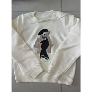 New High End Fashion Autumn Women's Sweater Elegant Bear Cartoon Embroidered Knitted Long Sleeved O-neck Loose Top Knitwear