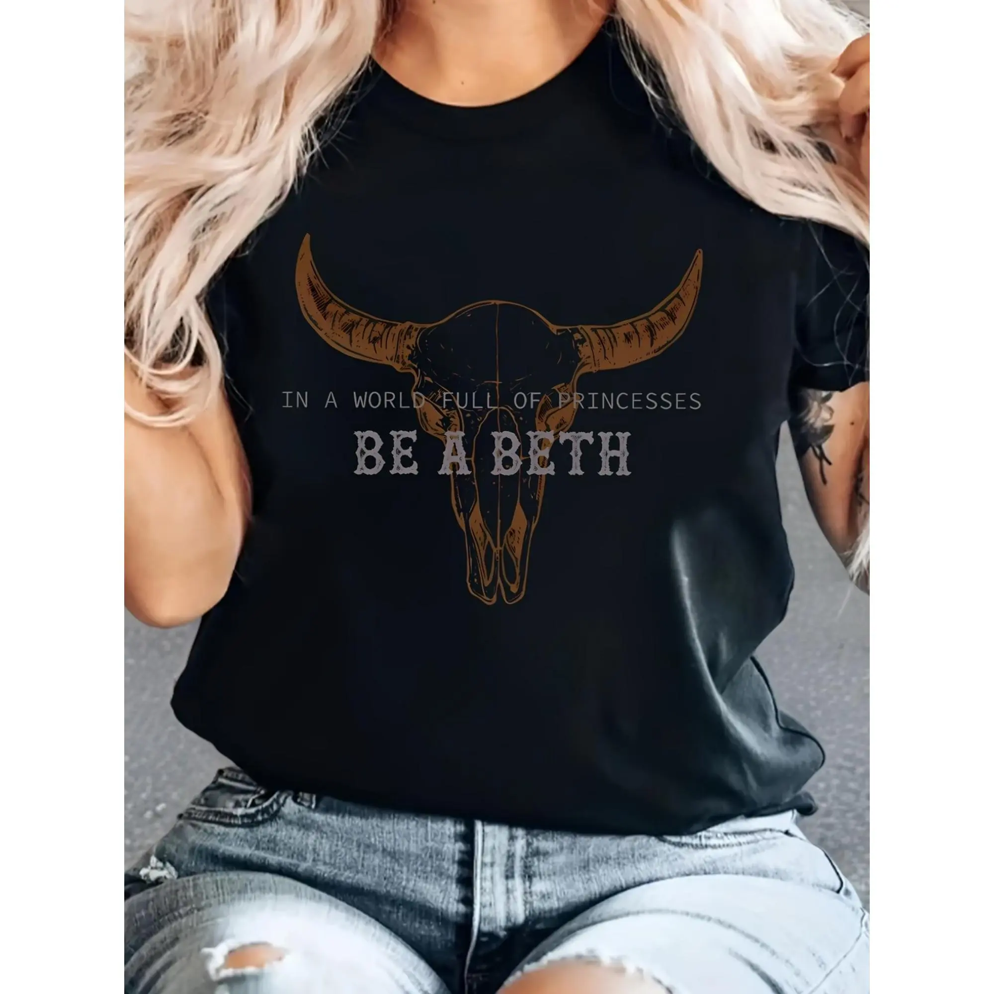 Women's Short-Sleeve Cotton Casual Graphic T-Shirt - Lady Tshirt, 1pc Be A Beth Black Knit Western-Inspired Crew Neck Top with Bull Skull & Rifle Design, Regular Fit Breathable All-Season Streetwear
