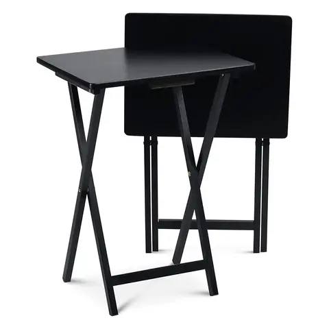 PJ Wood Black Folding TV Tray Tables 2-Piece Set 19x14.57x25.98 Inches Durable Solid Wood Snack Tables for Dining or TV Viewing