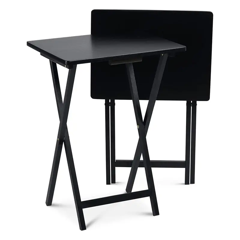 PJ Wood Black Folding TV Tray Tables 2-Piece Set 19x14.57x25.98 Inches Durable Solid Wood Snack Tables for Dining or TV Viewing
