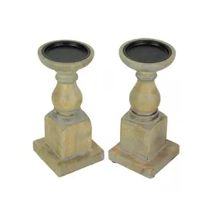 Set of 2 Wooden Pedestal Candle Holders Rustic Centerpiece Home Decor