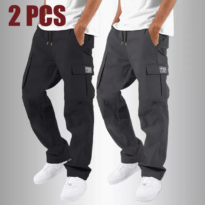 2 Pack Men's Outdoor Cargo Pants, Lightweight Breathable Straight Leg Casual Pants, Multi-Pocket Drawstring Waist Sweatpants for Running, Hiking & Daily Activities